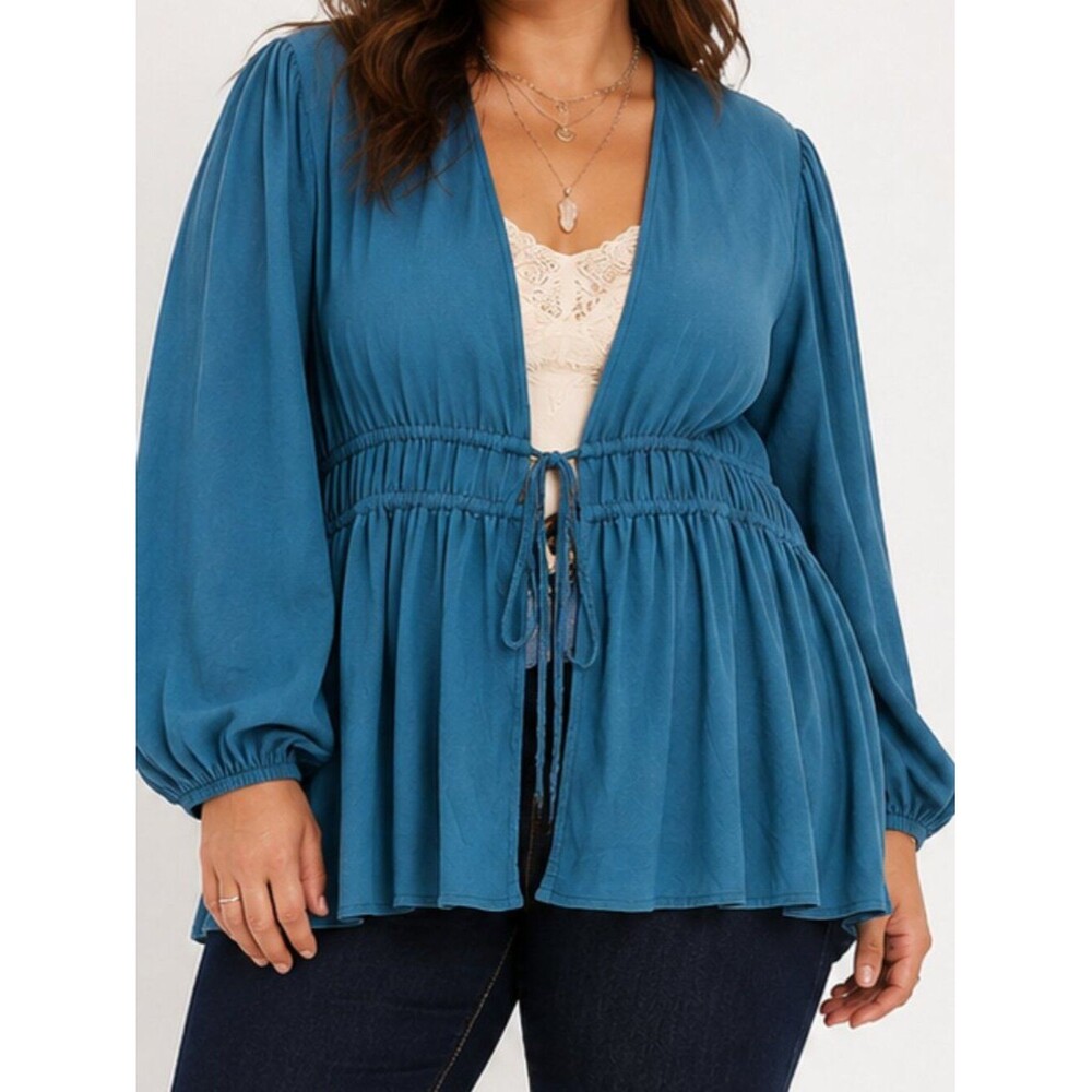 Torrid Teal Blue Drawstring Waist Peasant Boho Blouse Long Sleeve Top Size 2X